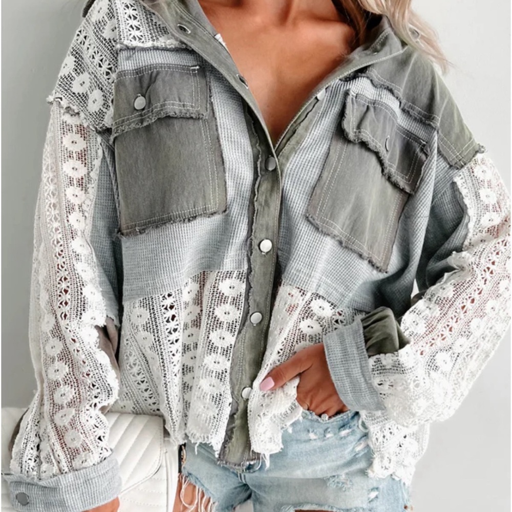 SOLD OUT: POL Lace Crochet button down shirt. - Picture 2 of 4